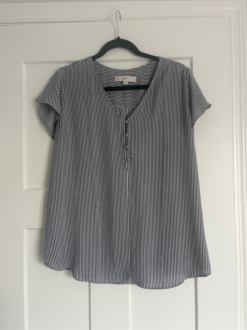 LOFT Navy and White Vertical Stripe Short Sleeve Henley Blouse